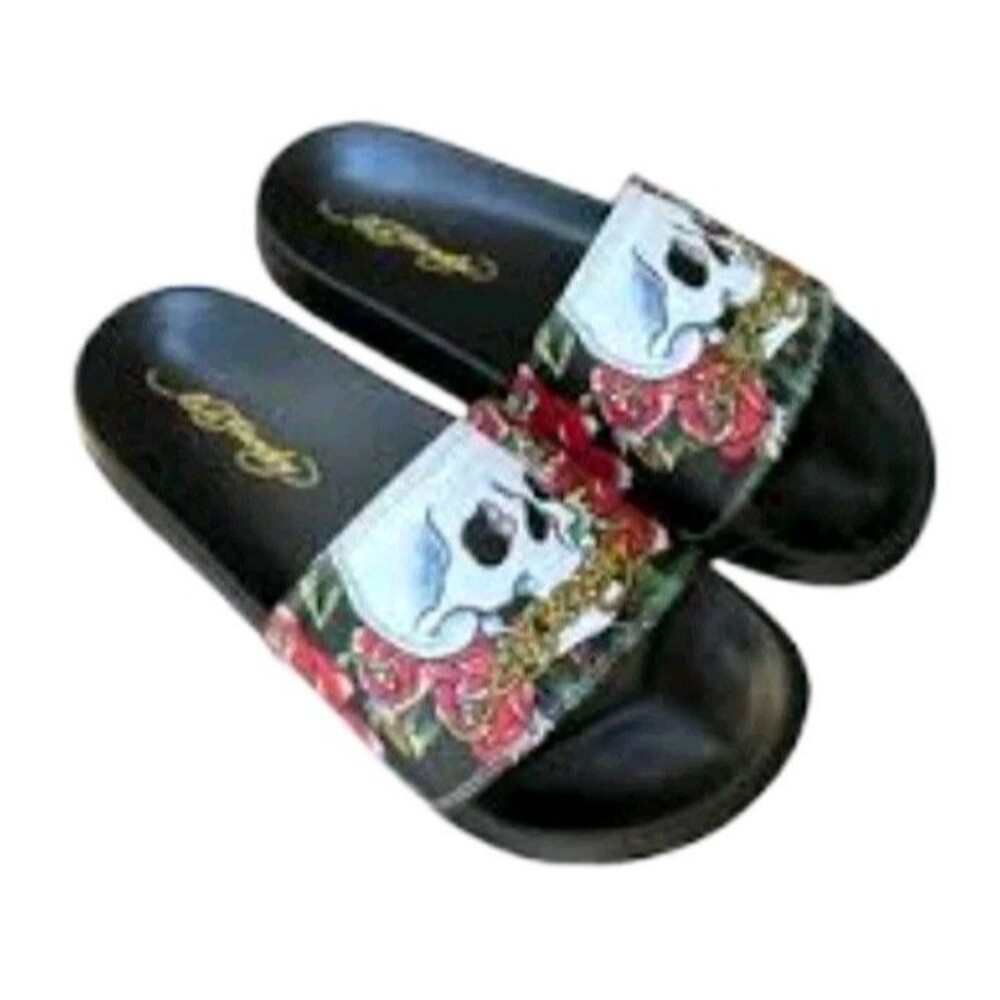 Ed Hardy Women's Black Slide Sandals Skull and Rose Tattoo Graphic Sz 11